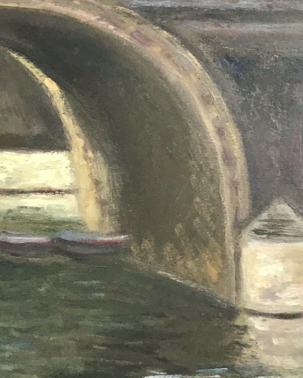 Barca sulla Senna a Parigi sotto il ponte di pietra Olio francese firmato - Painting Postimpressionismo di Bertrand Mogniat-Duclos 