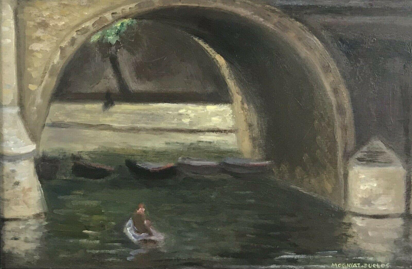Boating on the River Seine Paris underneath Stone Bridge Signed French Oil - Post-Impressionist Painting by Bertrand Mogniat-Duclos 
