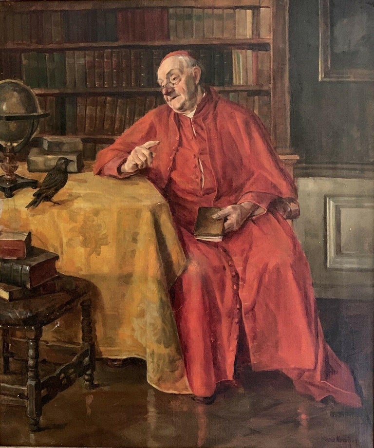 HANS KRATZNER (1874-1927) SIGNED GERMAN OIL - CARDINAL IN BOOK LINED INTERIOR - Baroque Painting by Hans Kratzer (1874-1927)