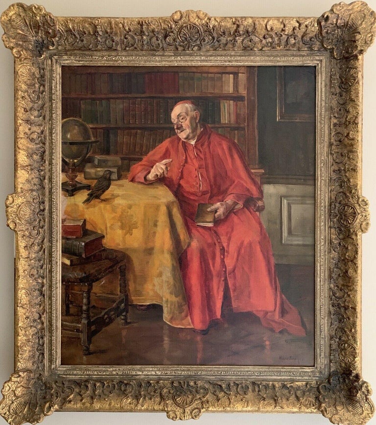 Hans Kratzer (1874-1927) Portrait Painting - HANS KRATZNER (1874-1927) SIGNED GERMAN OIL - CARDINAL IN BOOK LINED INTERIOR