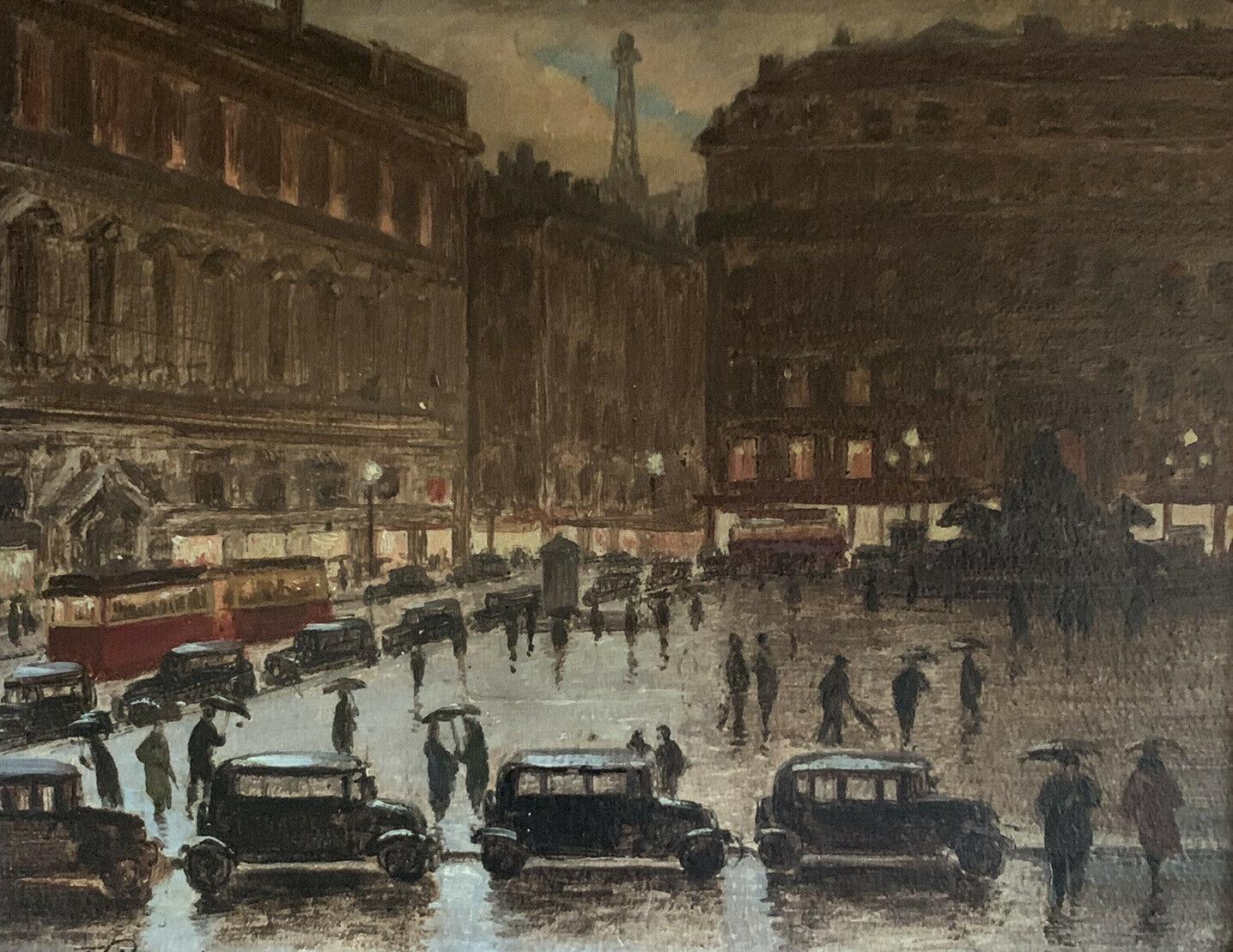 1940's/50's FRENCH SIGNED OIL - PARIS IN THE RAIN - BUSY SCENE AT DUSK WITH CARS - Painting by French artist