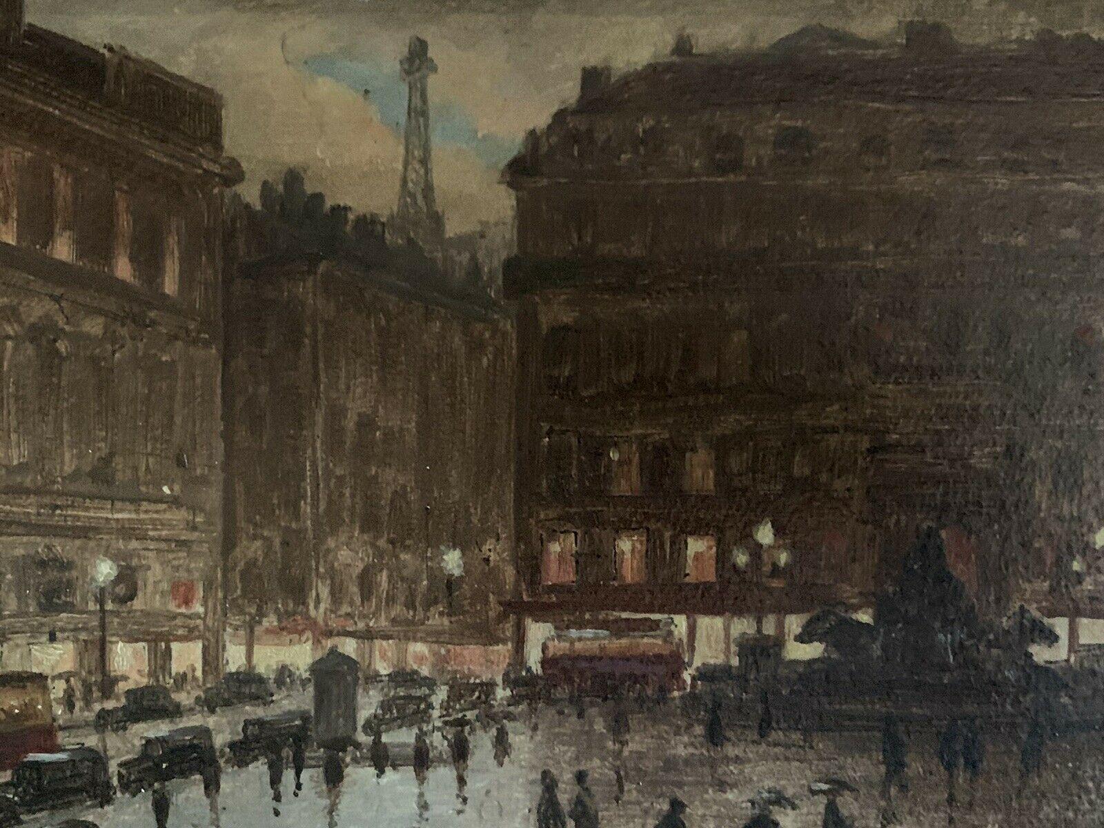 1940's/50's FRENCH SIGNED OIL - PARIS IN THE RAIN - BUSY SCENE AT DUSK WITH CARS - Black Landscape Painting by French artist