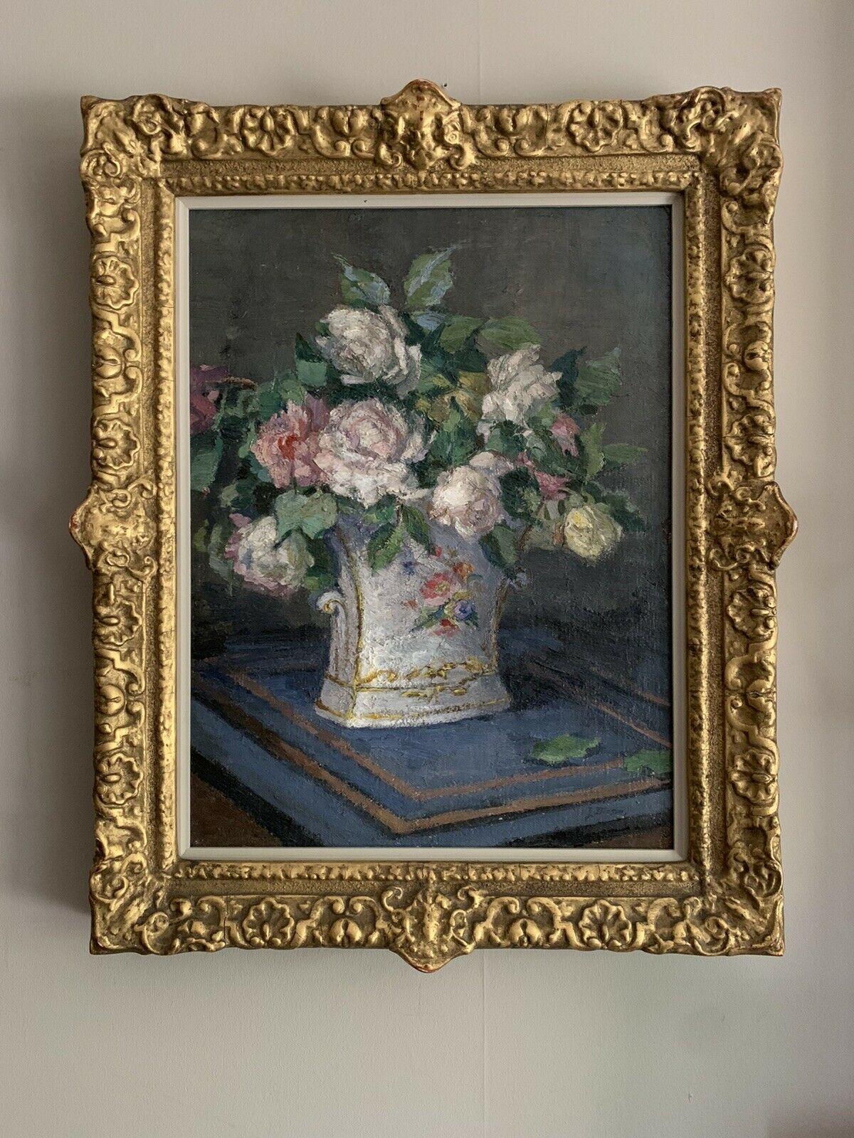 HUILE IMPRESSIONNISTE ANGLAISE DU DÉBUT DES ANNÉES 1900 - NATURE MORTE AUX ROSES DANS UN VASE ORNÉ - Painting de J. MASON