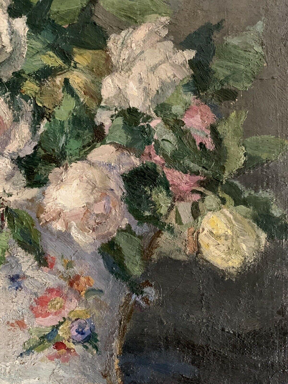EARLY 1900'S ENGLISH IMPRESSIONIST SIGNED OIL - STILL LIFE ROSES IN ORNATE VASE - Impressionist Painting by J. MASON