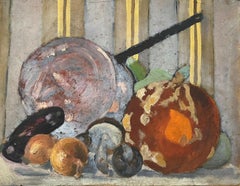 Mid 20th Century French Oil Kitchen Vegetables Still Life Onions Mushrooms