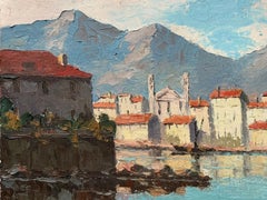 VINTAGE FRENCH SIGNED OIL - FISHING BOATS SLEEPY MEDITERRANEAN OLD TOWN HARBOUR