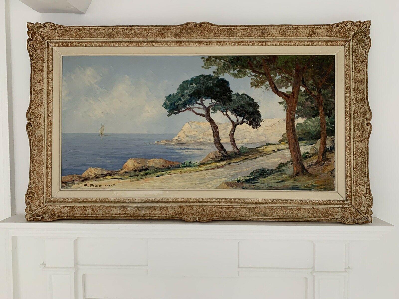 HUGE FRENCH 1950'S IMPRESSIONIST SIGNED OIL - COTE D'AZUR TRANQUIL COASTLINE - Painting by A Abougit