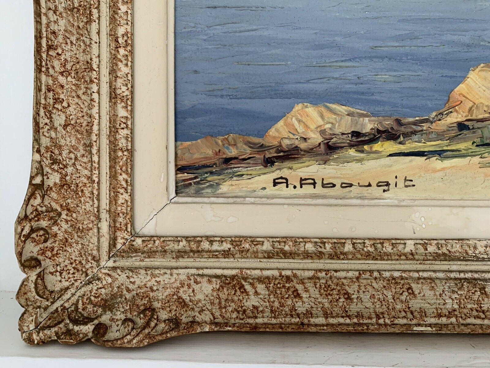 HUGE PIÈCE D'OREILLE FRANÇAISE SIGNÉE D' IMPRESSIONNISTE DES ANNÉES 1950 - COTE D'AZUR TRANQUIL COASTLINE - Marron Landscape Painting par A Abougit