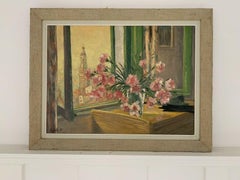 Vintage French Impressionist Signed Oil Pink Flowers in Window Mediterranean