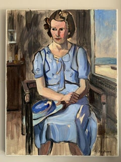 1950's French Oil Young Lady Portrait in Blue Dress with Window out to Beach