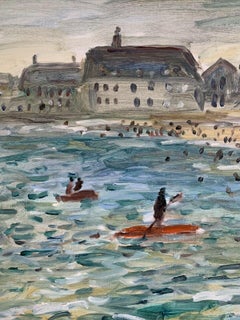 Beach Scene with Crowds and PaddleBoarders - Brittany Coastline France Signed