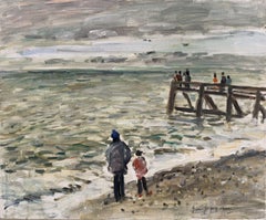 Father & Son Standing on Brittany Beach looking out to Sea - Signed French Oil