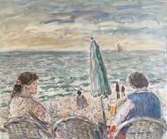 Figuras en el café de la playa Mirando a la costa de Bretaña Paisaje marino Óleo francés