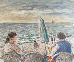 Vintage Figures at Beach Cafe Looking out to Brittany Coastline Seascape French oil