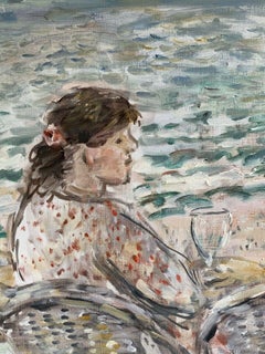Figures at Beach Cafe Looking out to Brittany Coastline Seascape French oil