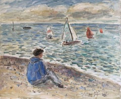 Signed French Oil - Sailing Dinghies at Sea Brittany Coastline