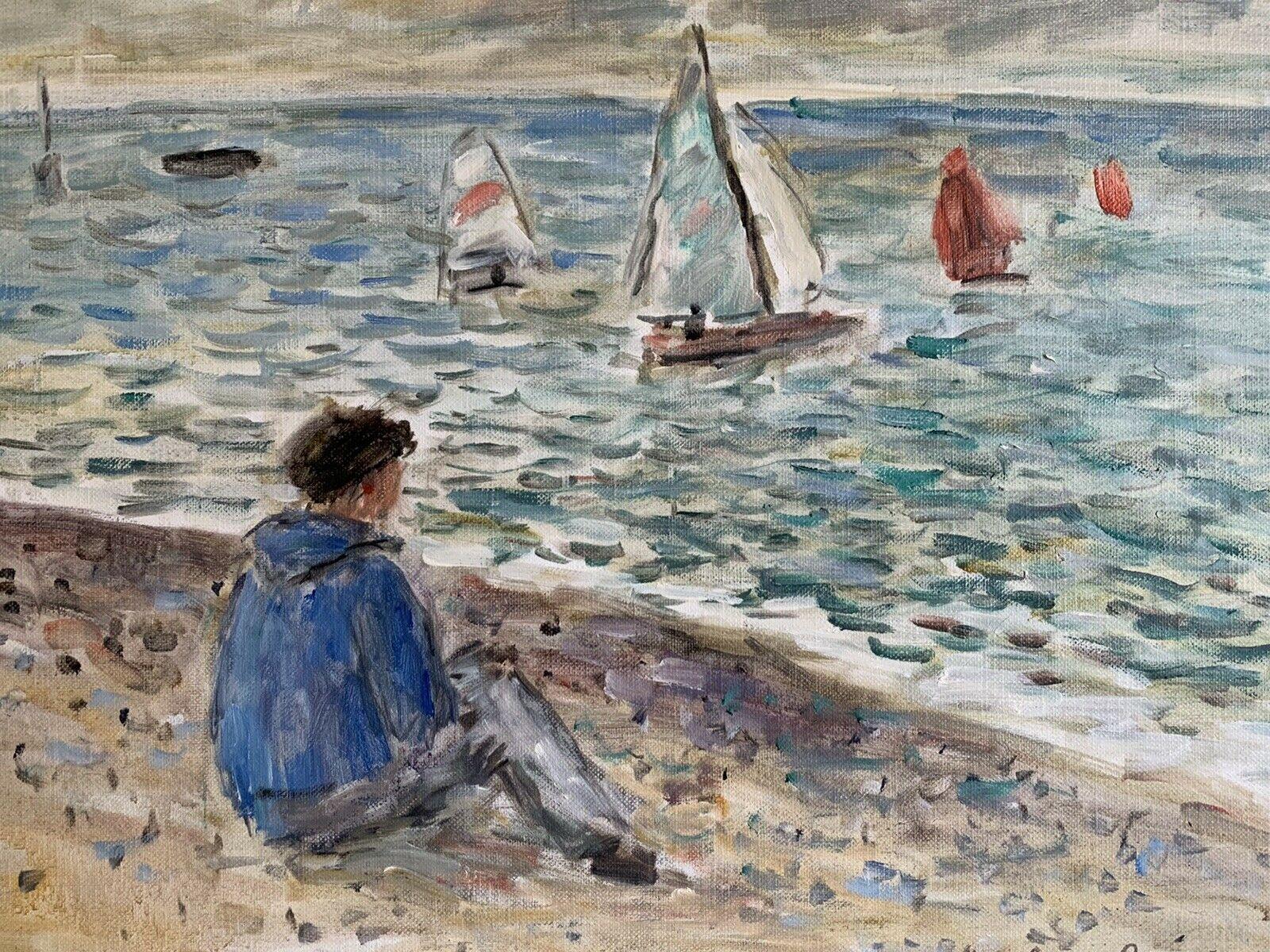 Signed French Oil - Sailing Dinghies at Sea Brittany Coastline - Painting by JEAN-JACQUES RENE (b.1943) 