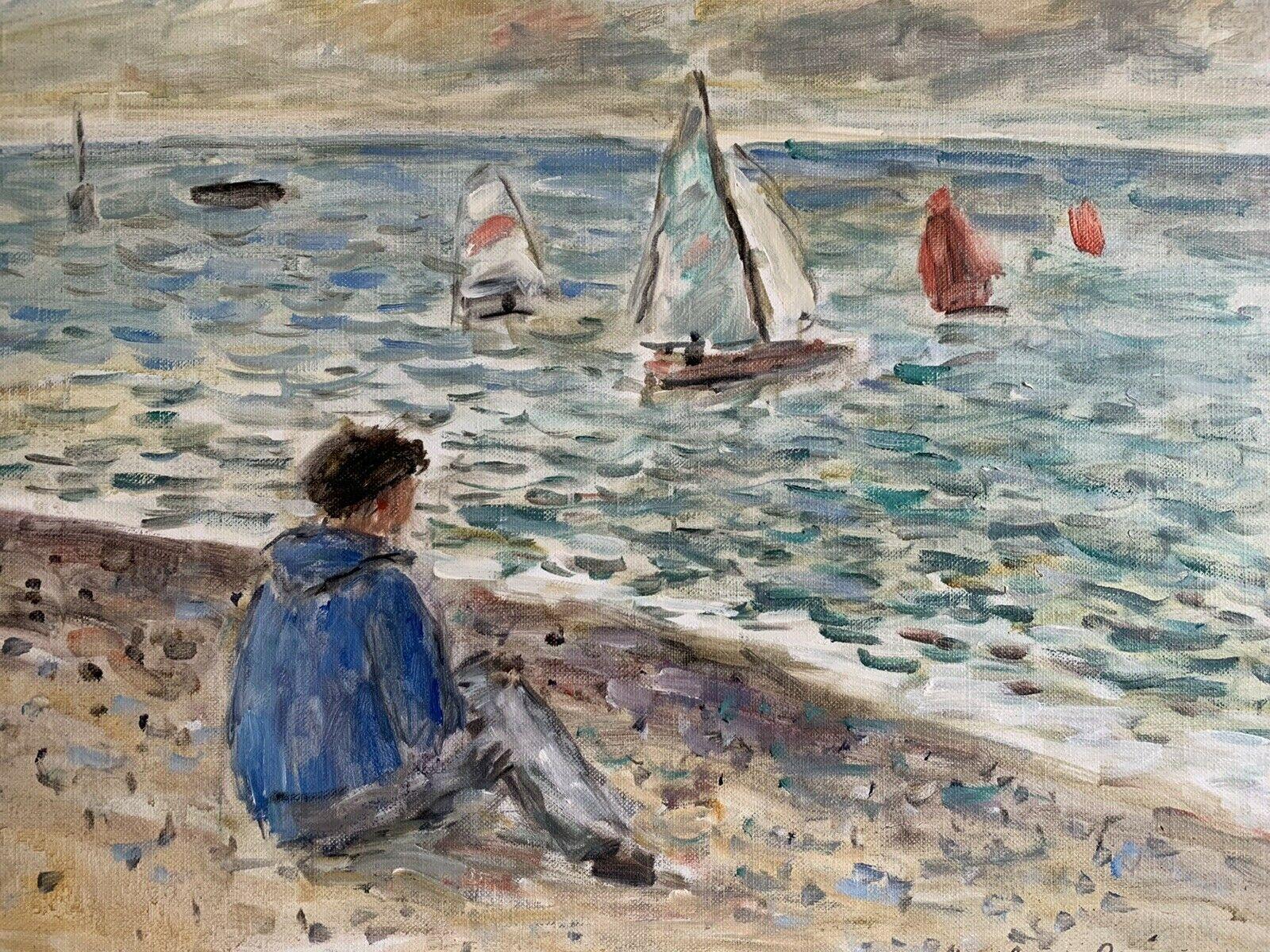 Signed French Oil - Sailing Dinghies at Sea Brittany Coastline - Impressionist Painting by JEAN-JACQUES RENE (b.1943) 