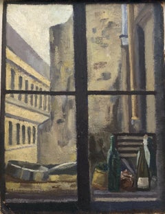 MID CENTURY FRENCH OIL PAINTING - VIEW FROM INSIDE WINDOW - WINE BOTTLES