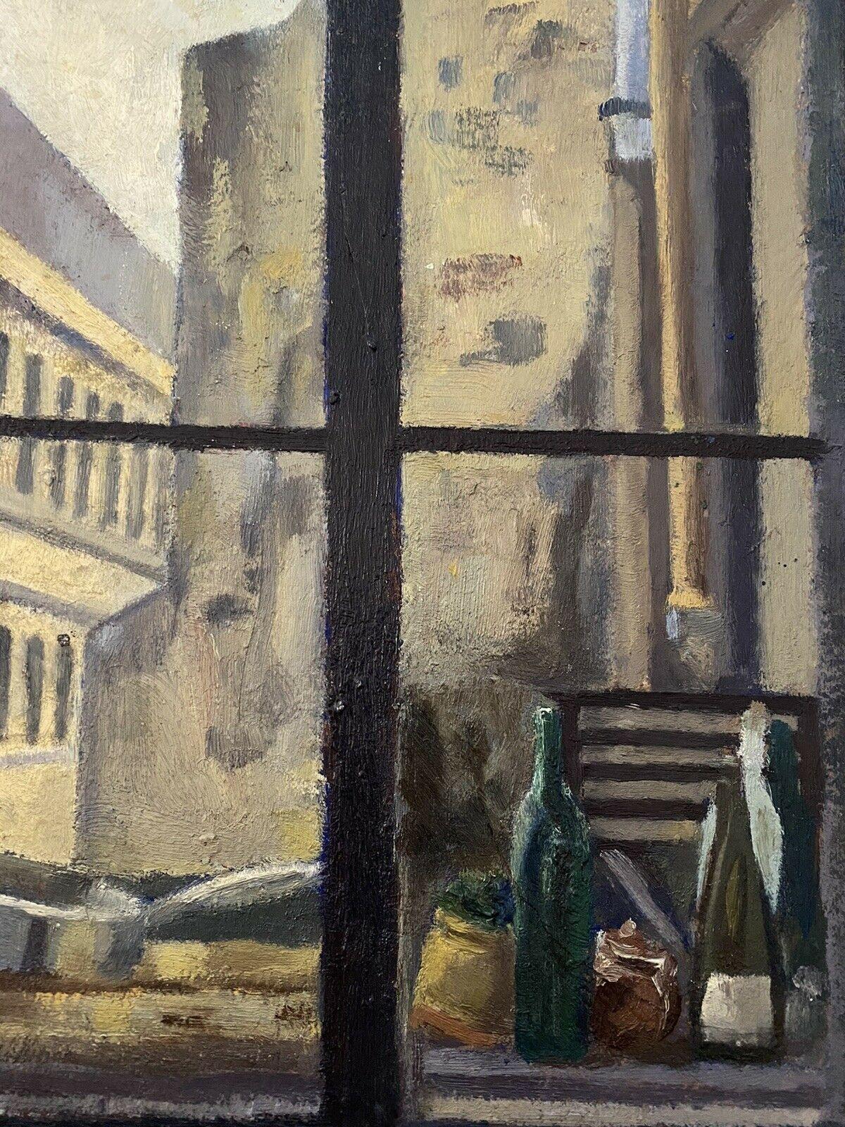 MID CENTURY FRENCH OIL PAINTING - VIEW FROM INSIDE WINDOW - WINE BOTTLES - Painting by GENEVIEVE ZONDERVAN (1922-2013)