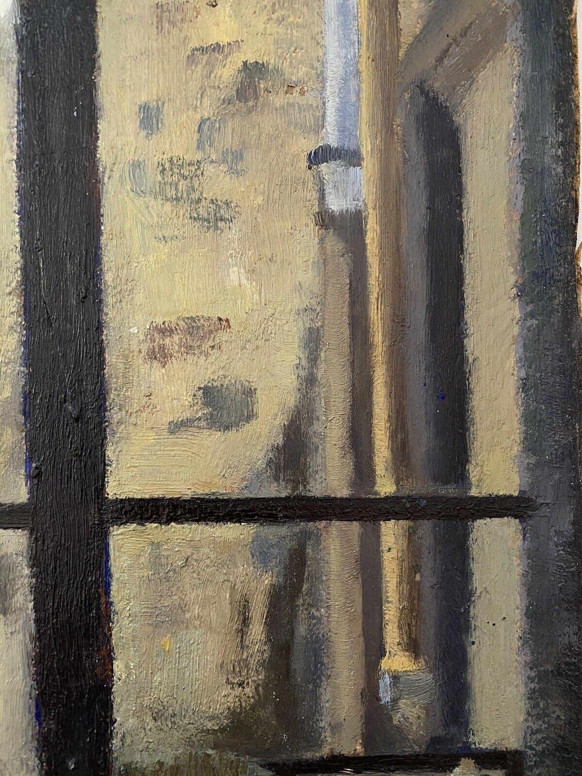 MID CENTURY FRENCH OIL PAINTING - VIEW FROM INSIDE WINDOW - WINE BOTTLES - Gray Interior Painting by GENEVIEVE ZONDERVAN (1922-2013)
