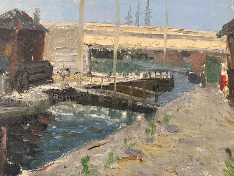 GENEVIEVE ZONDERVAN (1922-2013) FRENCH IMPRESSIONIST OIL PAINTING - CANAL LOCK For Sale 2