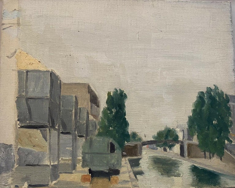 GENEVIEVE ZONDERVAN (1922-2013) Landscape Painting - MID CENTURY FRENCH OIL PAINTING - BESIDE THE CANAL