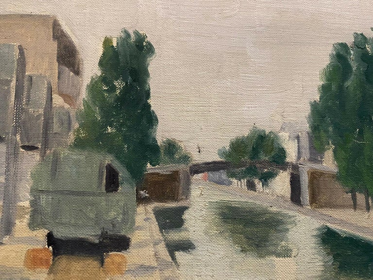 MID CENTURY FRENCH OIL PAINTING - BESIDE THE CANAL - Painting by GENEVIEVE ZONDERVAN (1922-2013)