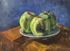 20th CENTURY FRENCH OIL PAINTING - GREEN APPLES AGAINST DEEP BLUE BACKGROUND