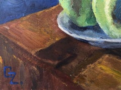 20th CENTURY FRENCH OIL PAINTING - GREEN APPLES AGAINST DEEP BLUE BACKGROUND