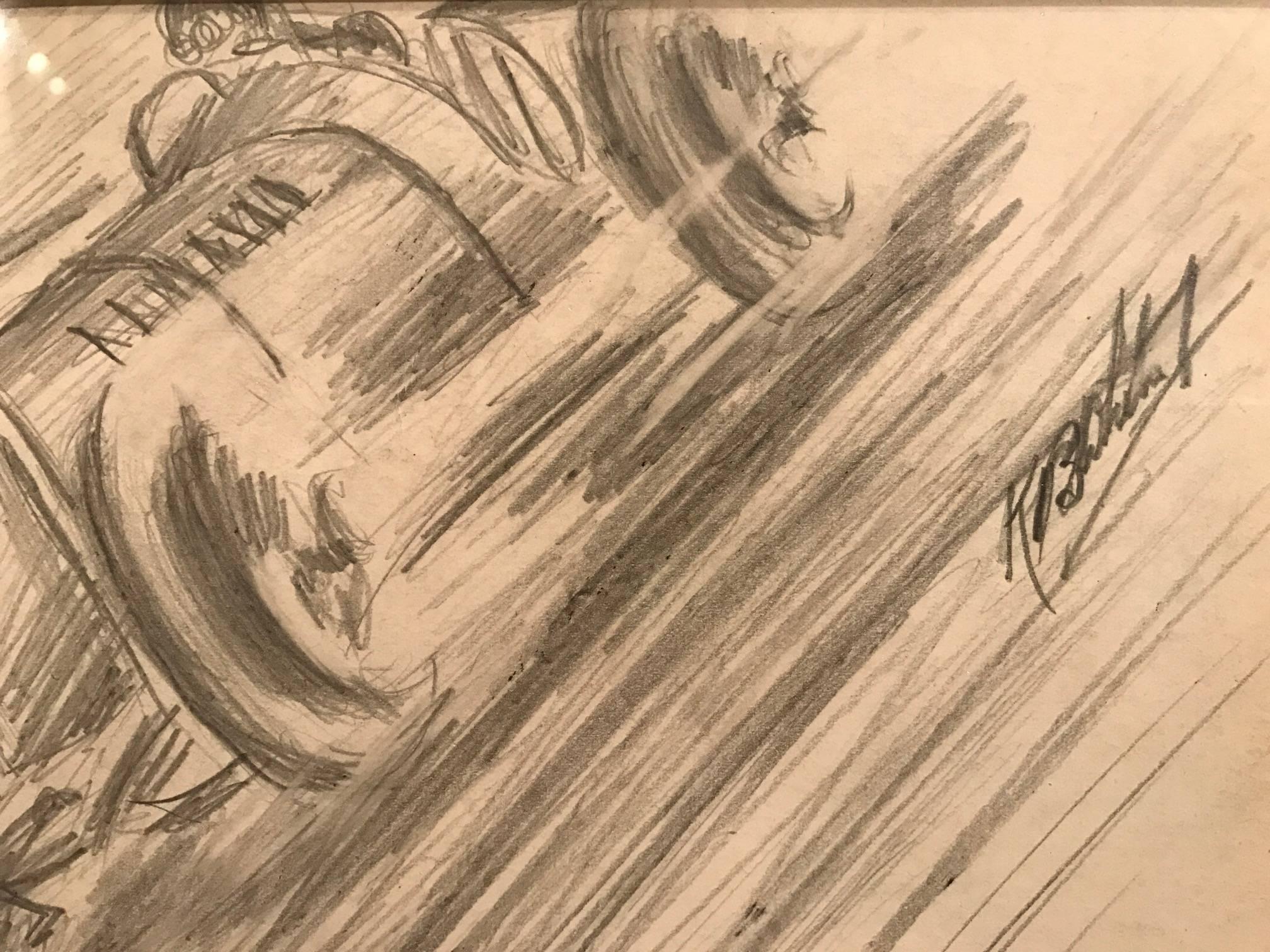 Set of Four 1930's Motor Car Racing Original Drawings Signed Dated Framed - Beige Landscape Art by Unknown