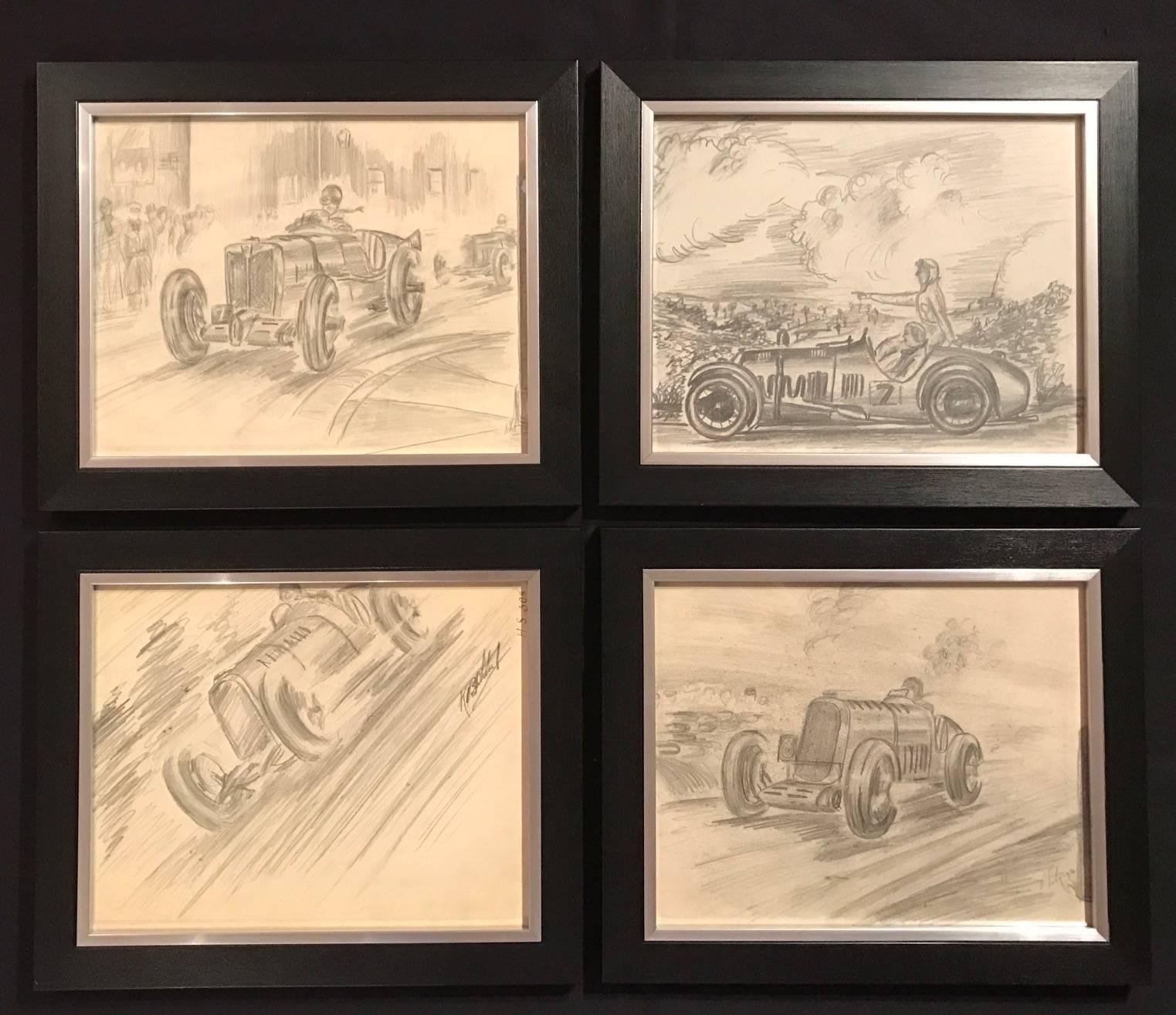 Wonderful set of four original pencil drawings depicting vintage motor car racing scenes - such fun!

Beautifully presented in matching set of four black wood frames with chrome inset slips and behind glass. 

The drawings are all by the same artist