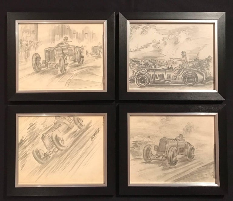 Set of Four 1930's Motor Car Racing Original Drawings Signed Dated Framed 3