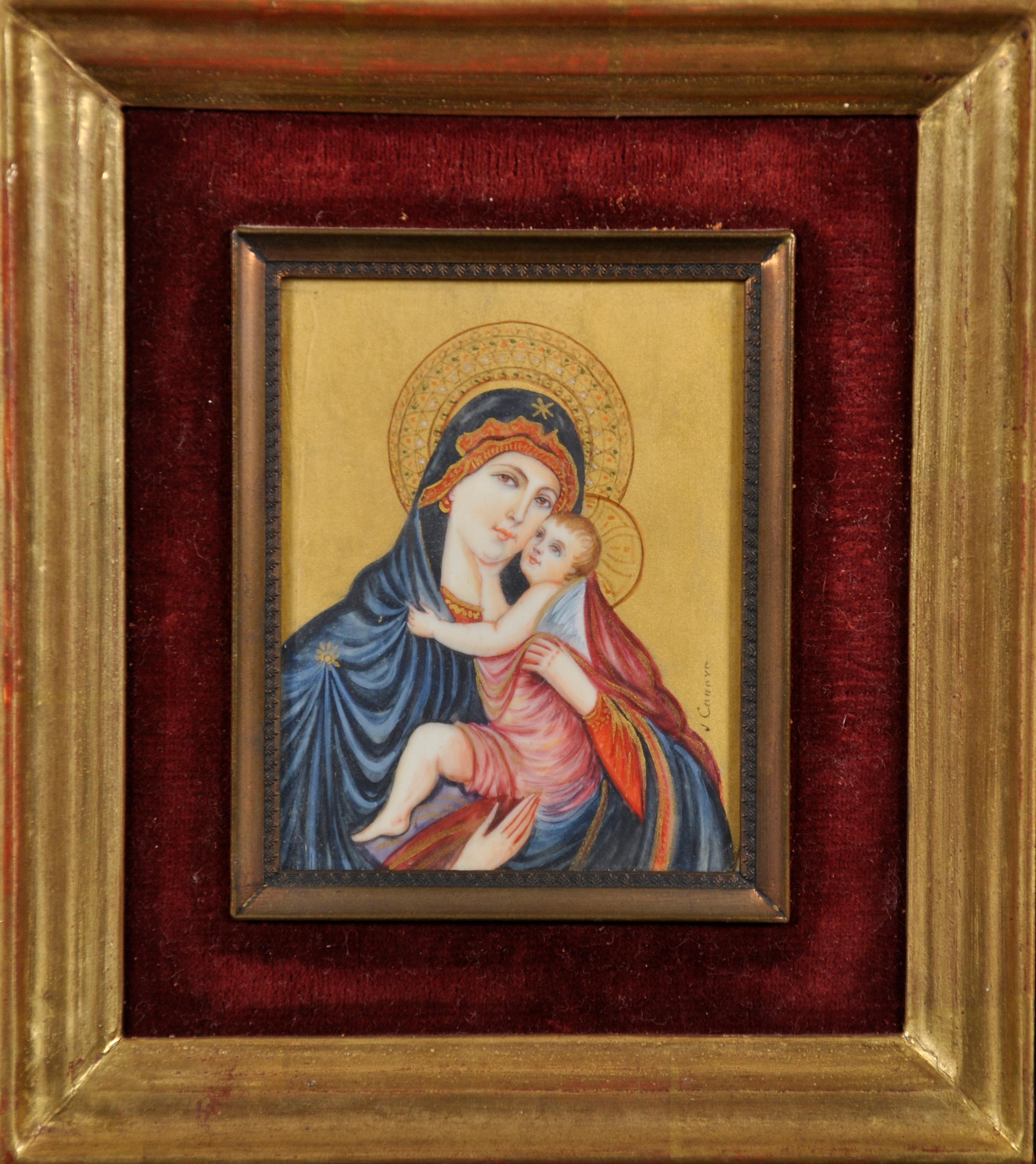 Italienische Miniatur aus dem 19. Jahrhundert The Madonna & Child, signiertes Original – Painting von J. Canava