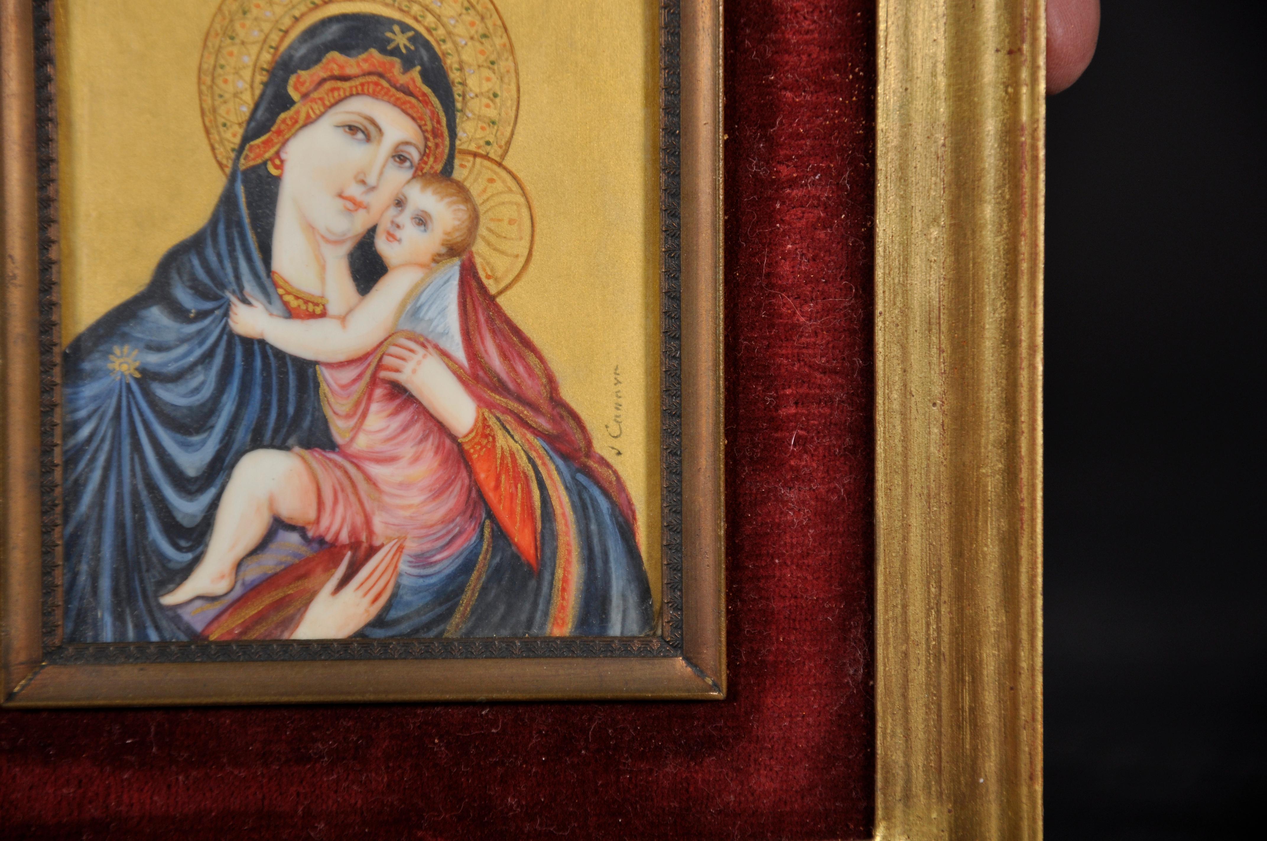 Italienische Miniatur aus dem 19. Jahrhundert The Madonna & Child, signiertes Original (Renaissance), Painting, von J. Canava