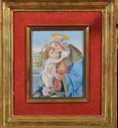 Peinture miniature italienne du 19ème siècle représentant la Madone et l'enfant, signée d'origine