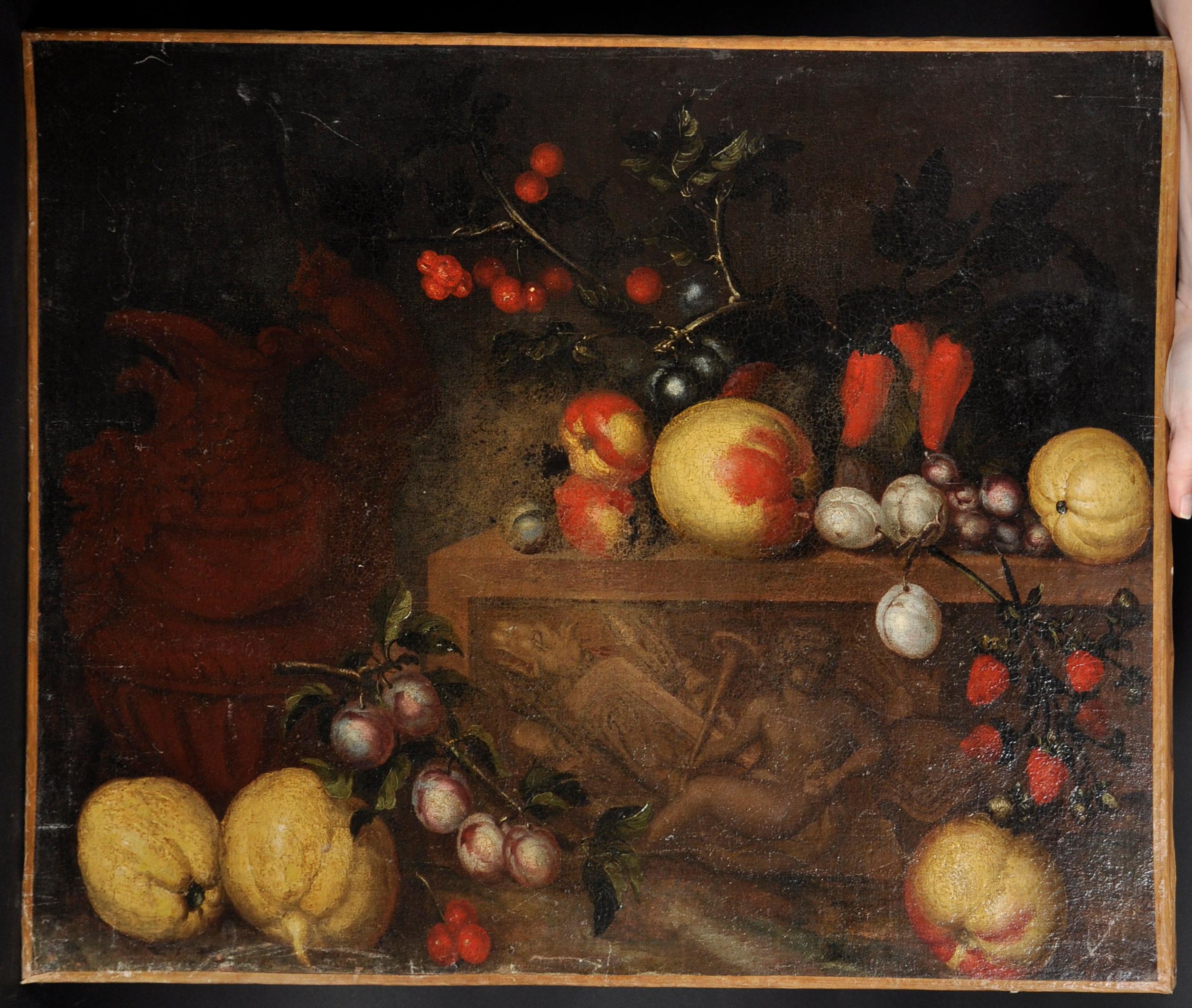 17th Century Italian School Still Life of Fruit on a Marble Ledge with a Ewer - Painting by Italian Old Master