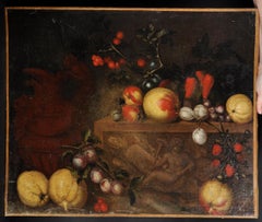 17th Century Italian School Still Life of Fruit on a Marble Ledge with a Ewer