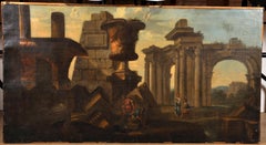 Huge 1700's Italian Old Master Oil Painting Figures before Classical Roman Ruins