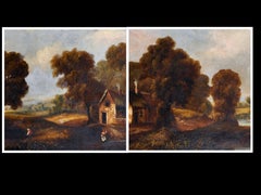 Pair Victorian Large Oil Paintings Country Woodland Scenes Cottages & Figures