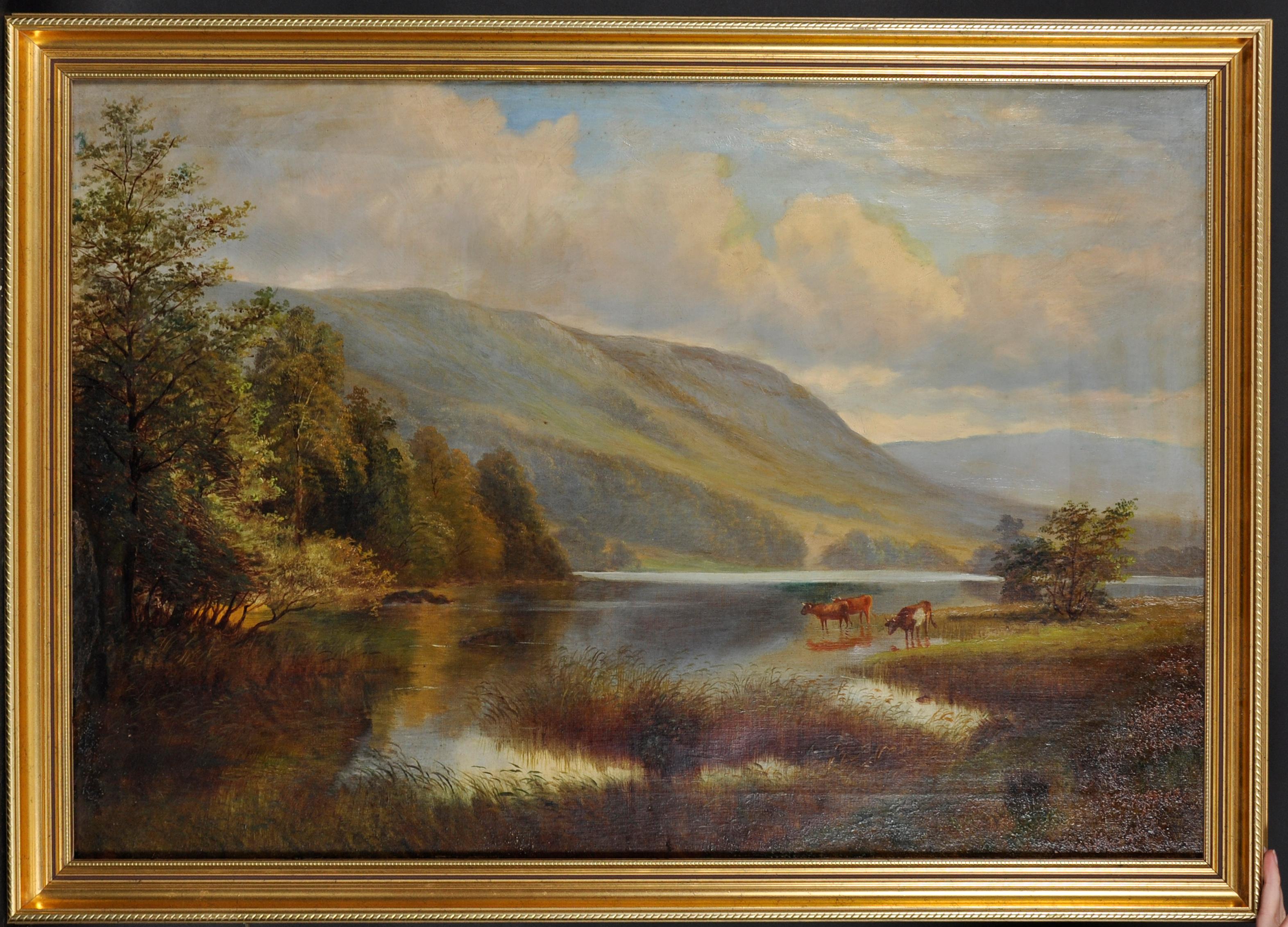 Huge Antique Highland Landscape Cattle Watering from River, oil painting  - Painting by Everett Watson Mellor (1878-1965)