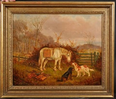 Antique British Sporting Oil Painting Horse & Dogs with the Days Bag