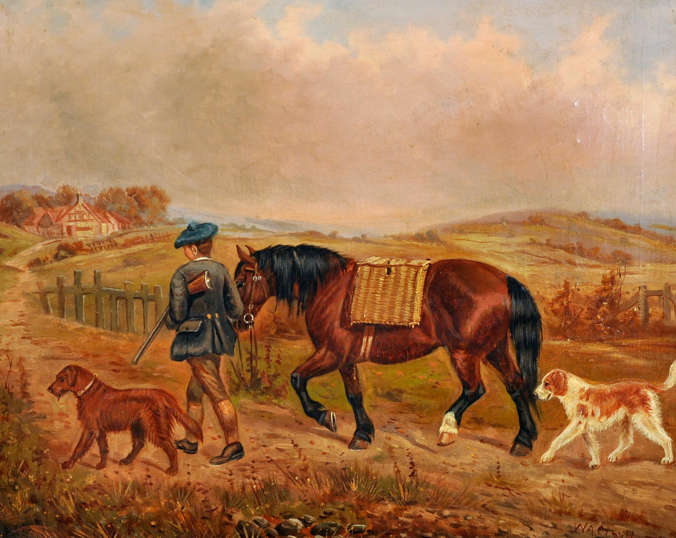 Antique British Sporting Oil Painting Horse & Dogs with Scottish Hunter