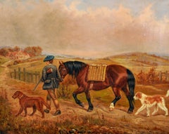 Antique British Sporting Oil Painting Horse & Dogs with Scottish Hunter