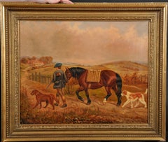 Antique British Sporting Oil Painting Horse & Dogs with Scottish Hunter