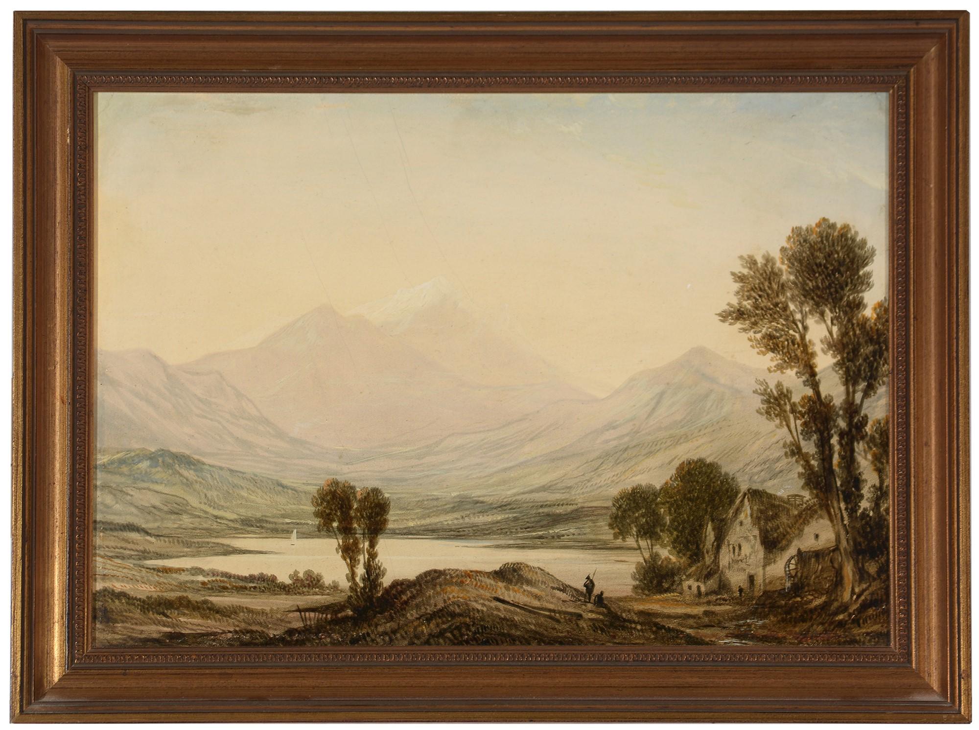 L'amphithéatre du Loch Lomond depuis le moulin à eau de Ross-Ben Lomond, Écosse - Beige Landscape Painting par John Wilson Ewbank, RSA (1799-1847