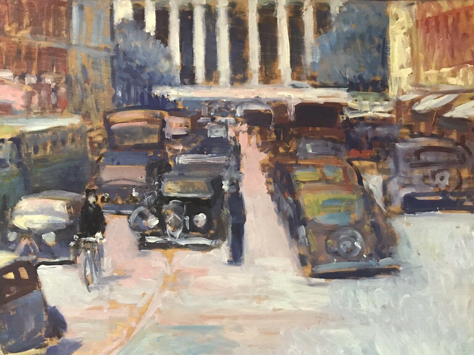 Grande huile impressionniste française signée - scène vintage d'une rue parisienne animée - Impressionnisme Painting par Patrice Landauer