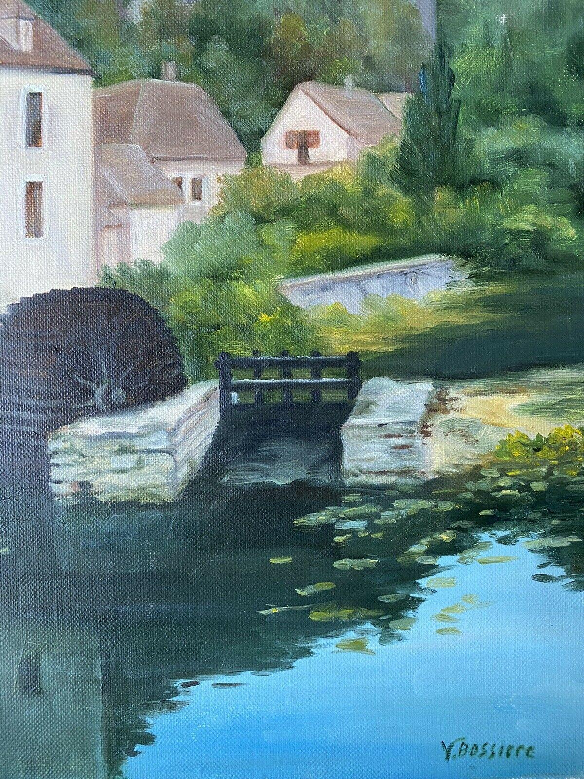 The Old Watermill, Tranquil French River Landscape Deep Green Soupy River water - Painting by Yvette Bossiere