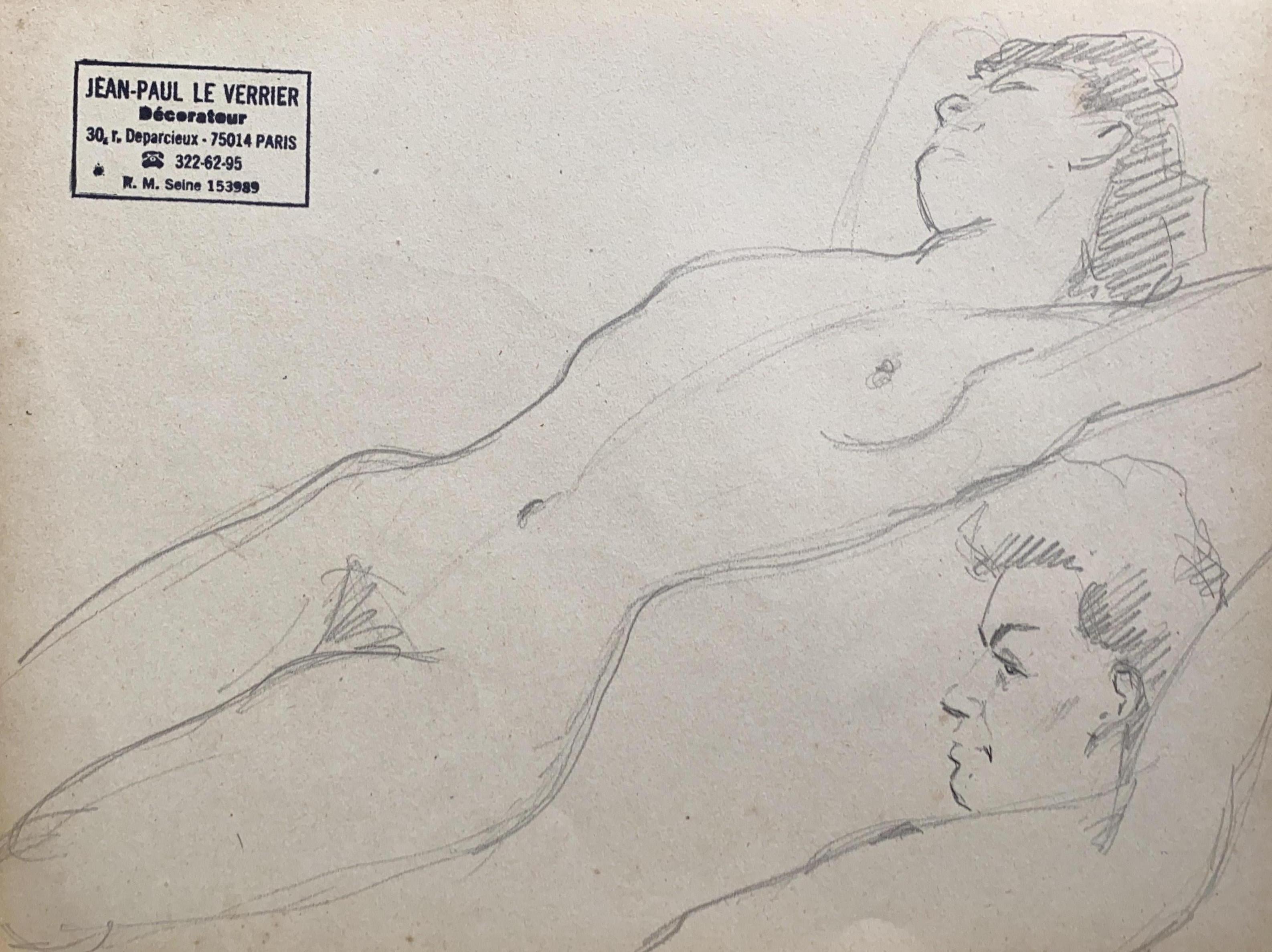 Jean-Paul le Verrier Figurative Art – Französische Original-Linien-Zeichnungsskizze des mittleren 20. Jahrhunderts, Akt, weiblicher Akt, gestempelt