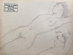 Mediados del siglo XX French mid 20th Original Line Drawing sketch Nude Female- Stamped